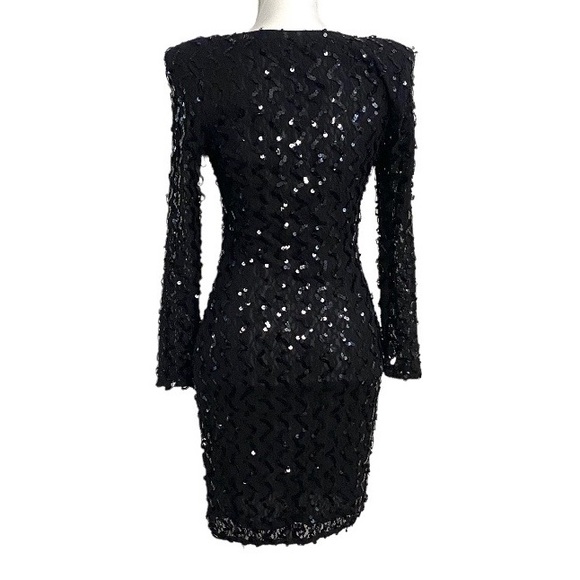 Vintage 90s Black Sequin Lace Mini Dress Long Sleeves Sexy Bodycon Stretch - Picture 2 of 6